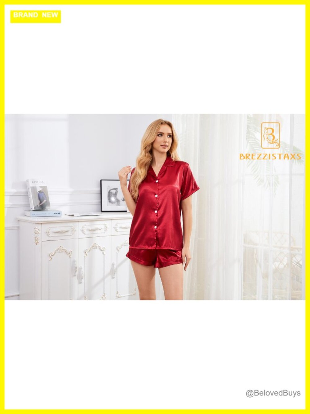 Satin Pajama Set Button-Up Ruffled Drawstring Shorts Sleepwear - Picture 6 of 6